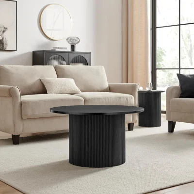 The Range Penrose Round Wood Coffee Table and Side Table Set - Black