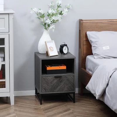The Range Bedside Table with Drawer and Shelf, Side End Table with Steel Legs - Grey