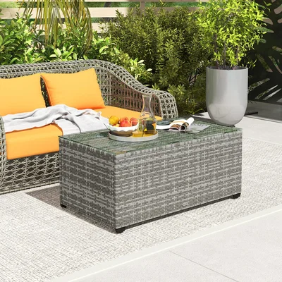 The Range Outsunny Rattan Side Table Glass Top Patio Coffee Table - Light Grey