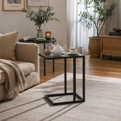 The Range Nonili Metal and Wooden Grey Side Table with Marble Effect Top
