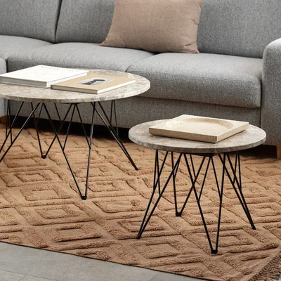 The Range Prunus round Side Table in Grey Marble and Black Coated Steel Base 55x41.4cm - Grey Marble & Black