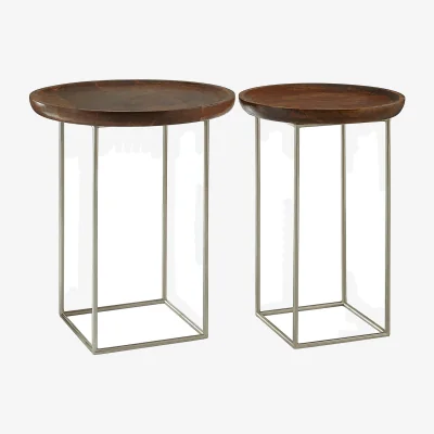 The Range Crest Set of 2 Iron Base And Wood Top Side Tables - Silver