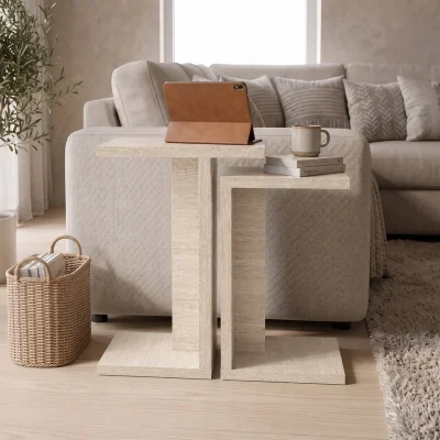 The Range Decortie Nero C Shaped Side Table Set of 2 - Travertine