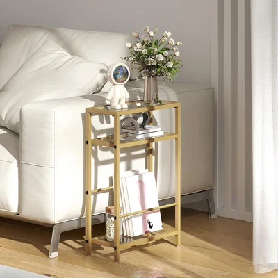 The Range HOMCOM Slim Side Table End Table with Tempered Glass Tabletop - Gold