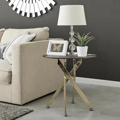 The Range Novara Round Side Table Glass Marble Effect Top Gold Legs - Grey
