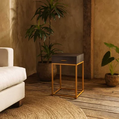 The Range Mandalo Brown Shagreen and Brass 1-Drawer Side Table - Black