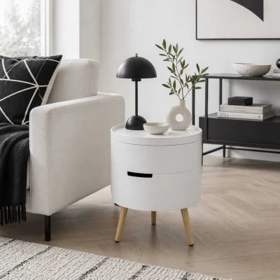 The Range Rivizi Round 3-Tier End Table with Hidden Storage, White and Natural Finish