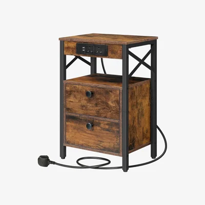 The Range Smart Bedside End Table With 2 Drawers, USB Ports and Charging Outlets - Rustic Brown
