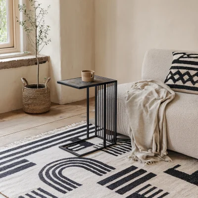The Range Porto C Shape Side Table Metal Frame Stone Effect Top - Black