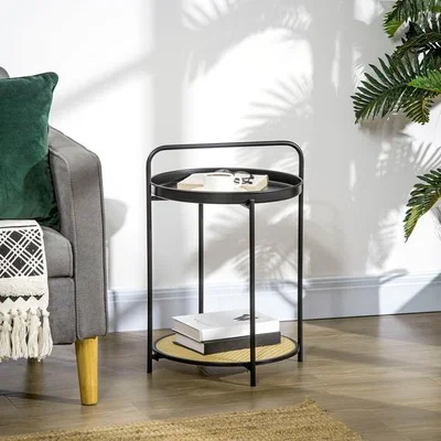 The Range Round Side Table with Detachable Tray and Plastic Rattan Shelf - Black, Light Yellow