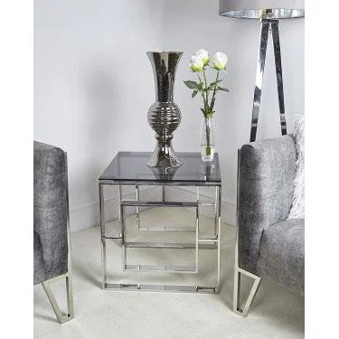 Teddy Beau Deco Home Plaza Contemporary Stainless Steel Smoked Glass Side Table