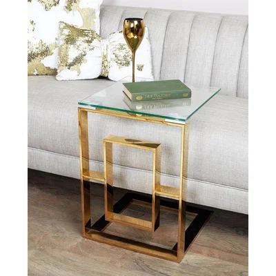 Teddy Beau Deco Home Plaza Gold Contemporary Clear Glass Sofa Table Side End Display Table
