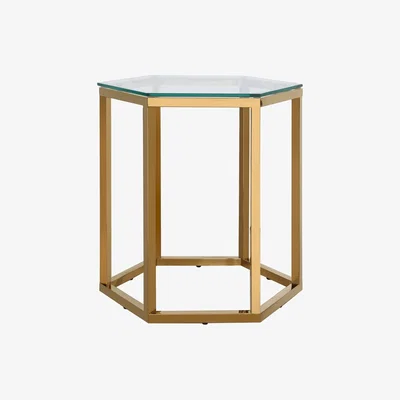 Teddy Beau Fleur Hexagon Gold Metal End Side Table With Toughened Clear Glass Top | Outlet