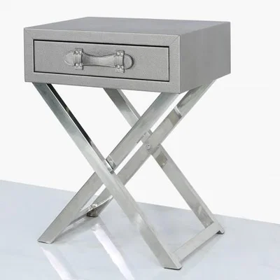 Teddy Beau Deco Home Pewter Faux Leather And Stainless Steel 1 Drawer End Table Side Table