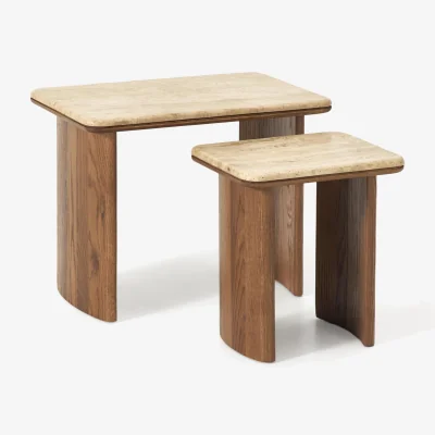 Westwing Oak Wood Side Tables Chandler with Travertine Top, Set of 2