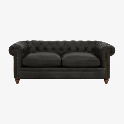 Furniture Village Alexander and James - Chesterfield Collection Ralph 3 Seater Leather Sofa - Saxon with Studs - Dark Feet