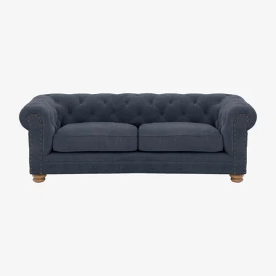 Furniture Village Alexander and James - Chesterfield Collection Hugo 3 Seater Fabric Sofa - Linen Denim with Studs - Oak Feet