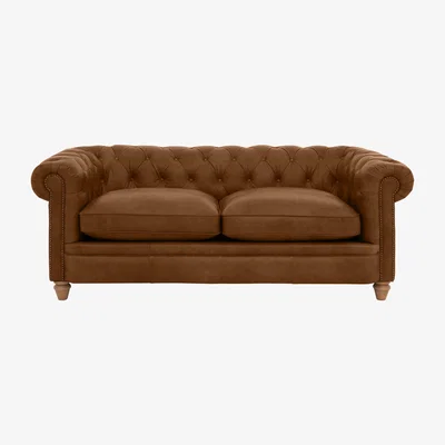 Furniture Village Alexander and James - Chesterfield Collection Ralph 3 Seater Leather Sofa - Satchel Latte with Studs - Oak Feet
