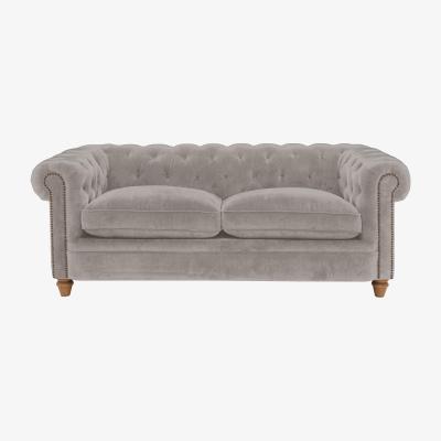 Furniture Village Alexander and James - Chesterfield Collection Ralph 3 Seater Fabric Sofa - Chamonix Silver with Studs - Oak Feet