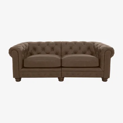 Furniture Village Alexander and James - Chesterfield Collection Hugo 3 Seater Split Frame Leather Sofa - Satchel Biscotti with Studs - Dark Feet