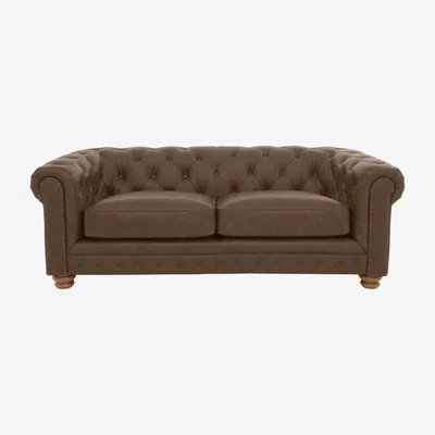 Furniture Village Alexander and James - Chesterfield Collection Hugo 3 Seater Leather Sofa - Satchel Biscotti with Studs - Oak Feet