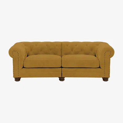 Furniture Village Alexander and James - Chesterfield Collection Hugo 3 Seater Split Frame Fabric Sofa - Turmeric with Studs - Dark Feet