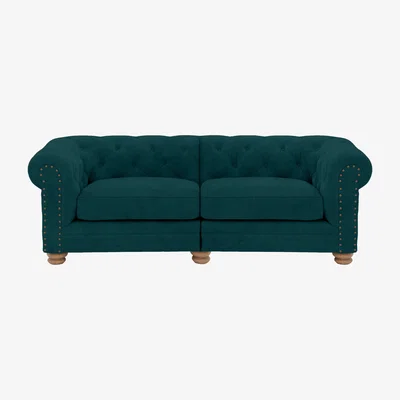 Furniture Village Alexander and James - Chesterfield Collection Hugo 3 Seater Split Frame Fabric Sofa - Peacock with Studs - Oak Feet