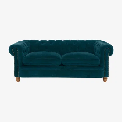 Furniture Village Alexander and James - Chesterfield Collection Ralph 3 Seater Fabric Sofa - Chamonix Teal - Oak Feet with Studs