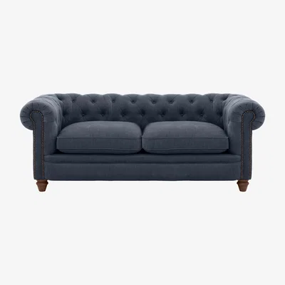 Furniture Village Alexander and James - Chesterfield Collection Ralph 3 Seater Fabric Sofa - Linen Denim with Studs - Dark Feet
