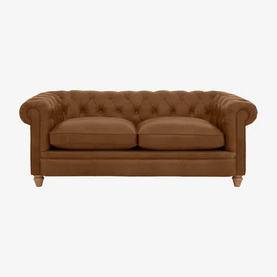 Furniture Village Alexander and James - Chesterfield Collection Ralph 3 Seater Leather Sofa - Satchel Latte - Oak Feet