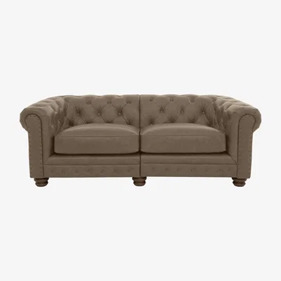 Furniture Village Alexander and James - Chesterfield Collection Hugo 3 Seater Split Frame Leather Sofa - Case Taupe with Studs - Dark Feet