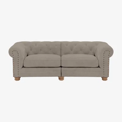 Furniture Village Alexander and James - Chesterfield Collection Hugo 3 Seater Split Frame Fabric Sofa - Silver with Studs - Oak Feet