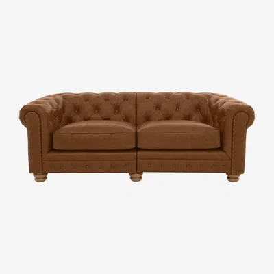 Furniture Village Alexander and James - Chesterfield Collection Hugo 3 Seater Split Frame Leather Sofa - Satchel Latte with Studs - Oak Feet