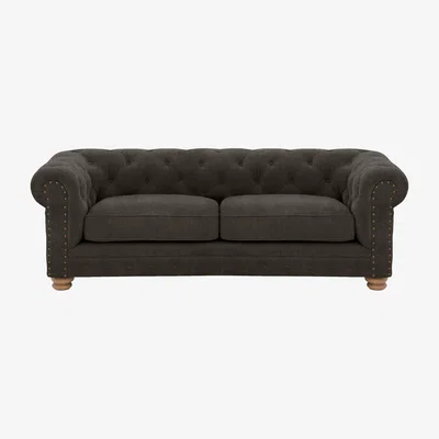 Furniture Village Alexander and James - Chesterfield Collection Hugo 3 Seater Fabric Sofa - Linen Grey with Studs - Oak Feet