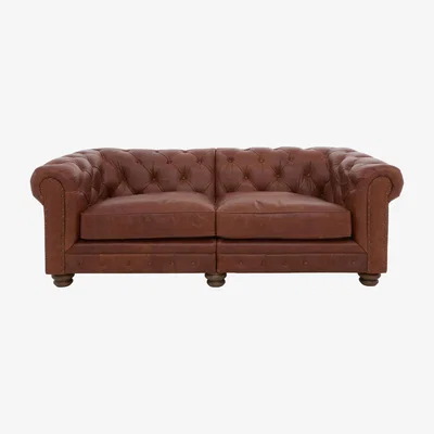 Furniture Village Alexander and James - Chesterfield Collection Hugo 3 Seater Split Frame Leather Sofa - Satchel Pepper with Studs - Dark Feet