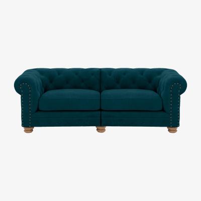 Furniture Village Alexander and James - Chesterfield Collection Hugo 3 Seater Split Frame Fabric Sofa - Chamonix Teal - Oak Feet with Studs