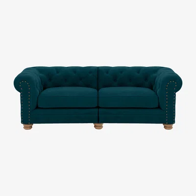 Furniture Village Alexander and James - Chesterfield Collection Hugo 3 Seater Split Frame Fabric Sofa - Chamonix Teal - Oak Feet with Studs
