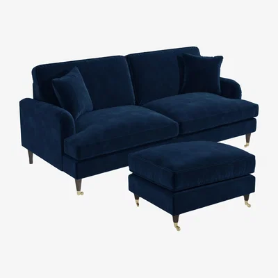 Furniture123 Navy Velvet 3 Seater Sofa and Footstool Set - Payton