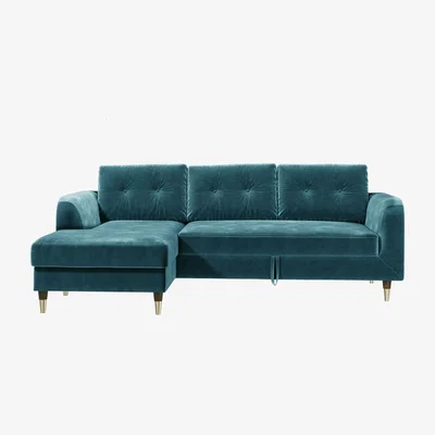 Furniture123 Teal Blue L Shaped Sofa Bed in Velvet  - Left Hand Facing - Sutton