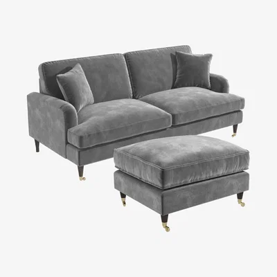 Furniture123 Silver Grey Velvet 3 Seater Sofa and Footstool Set - Payton
