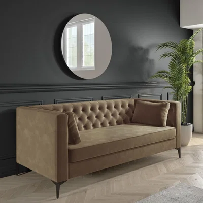 Furniture123 3 Seater Mink Velvet Sofa with Buttons and Cushions - Luthor