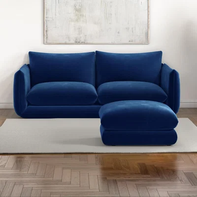 Furniture123 Navy Blue Velvet 3 Seater Sofa with Matching Footstool - Bodi