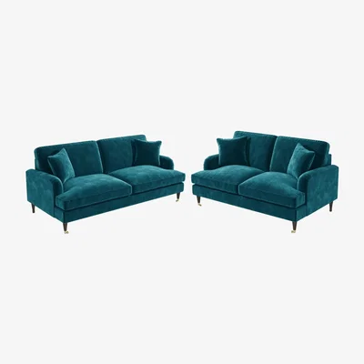 Furniture123 Teal Blue Velvet 3 Seater Sofa & 2 Seater Sofa Set - Payton