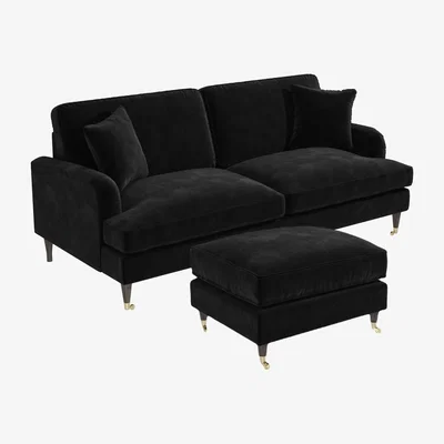 Furniture123 Black Velvet 3 Seater Sofa and Footstool Set - Payton