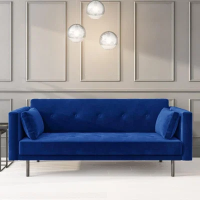 Furniture123 Velvet Sofa Bed in Navy Blue with Buttons- Seats 3 - Rory