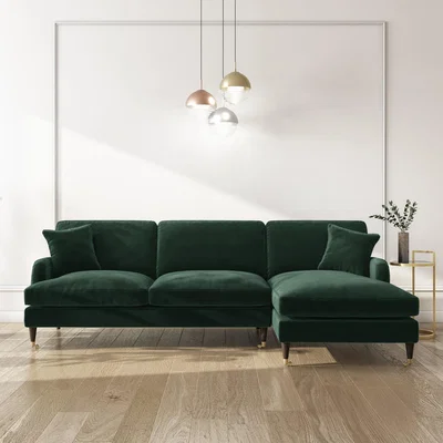 Furniture123 Dark Green 3 Seater L Shaped Sofa in Velvet - Right Hand Facing - Payton