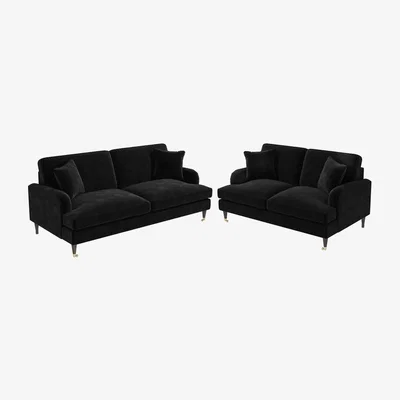 Furniture123 Sofa Set with 3 Seater & 2 Seater in Black Velvet - Payton