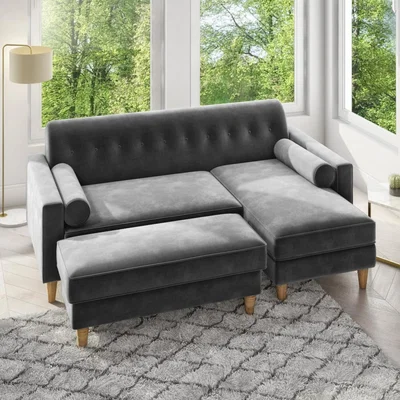 Furniture123 Grey Velvet 3 Seater L Shaped Sofa with Matching Footstool - Right Hand Facing - Idris