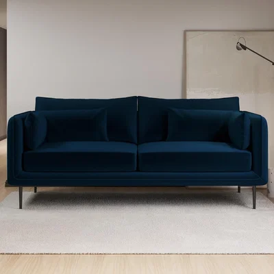 Furniture123 Navy Velvet Sofa with Square Arms - Seats 3 - Lenny