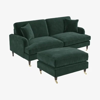 Furniture123 Dark Green Velvet 3 Seater Sofa and Footstool Set - Payton